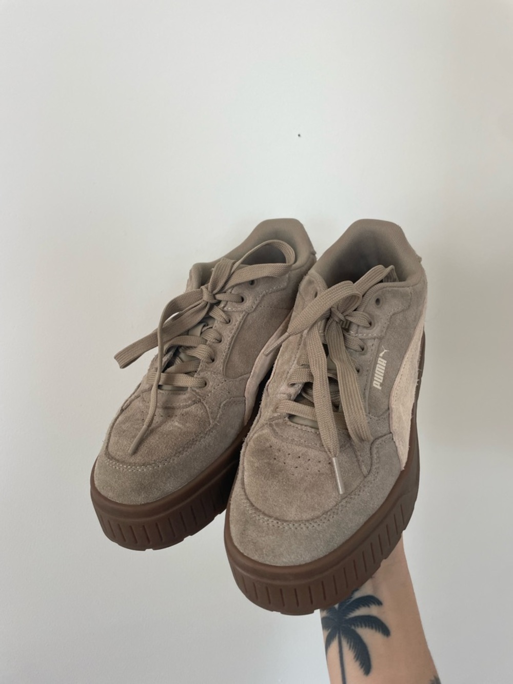 Puma Taupe & Brown Suede Platform Trainers